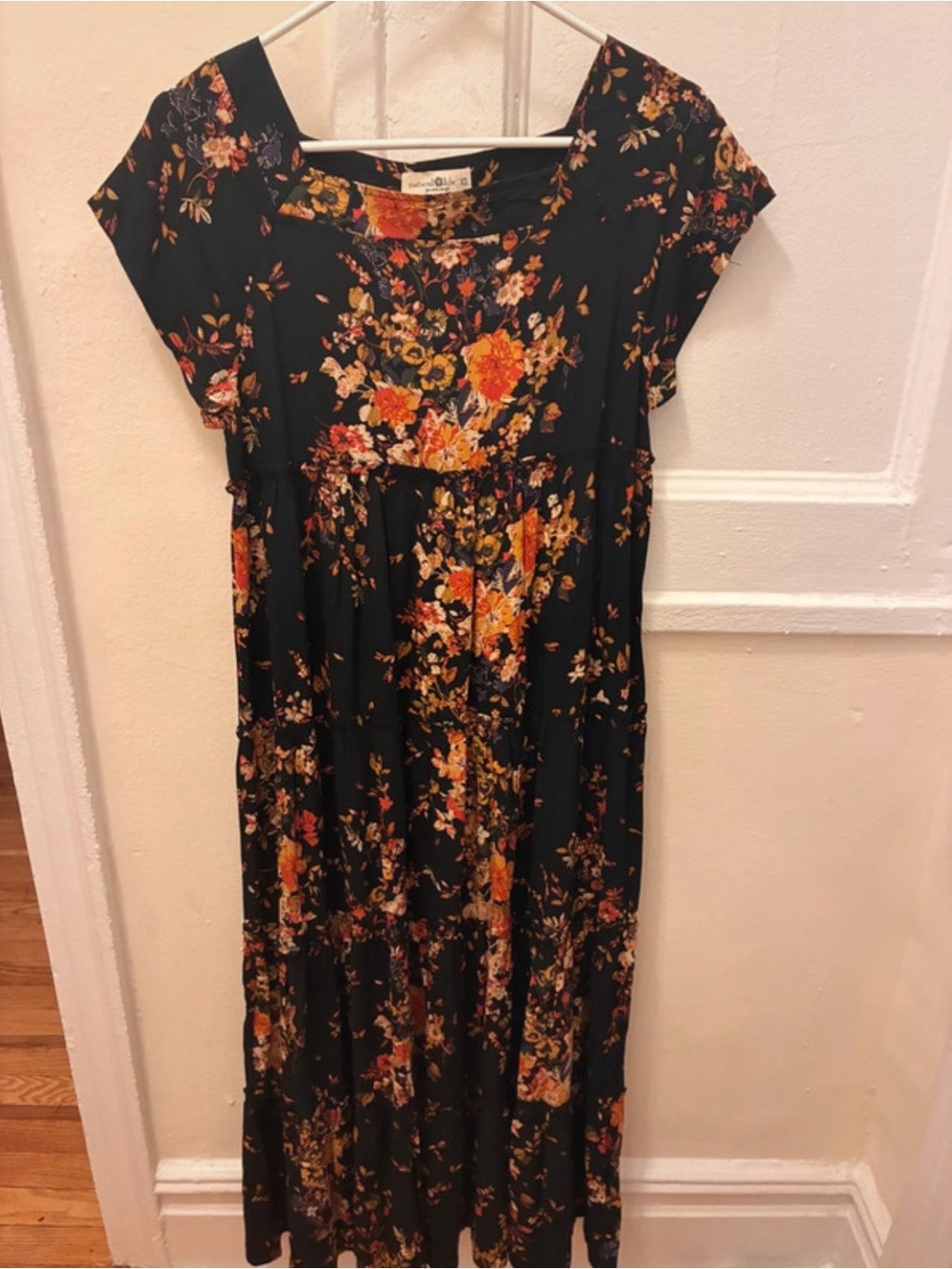 NATURAL LIFE Black Maxi Dress with Orange & Yellow Floral Print